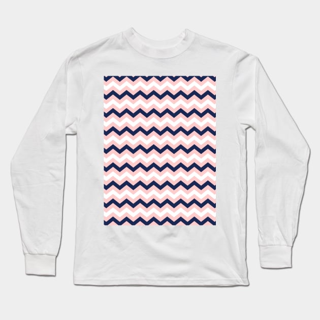 Light Pink, White and Navy Blue Chevron Zigzag Pattern Long Sleeve T-Shirt by squeakyricardo